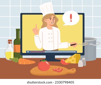 Online cooking tutorial concept. Woman in chefs hat tells recipe for dish. Master class of preparation from vegetables and fruits. Blogger in social networks. Cartoon flat vector illustration