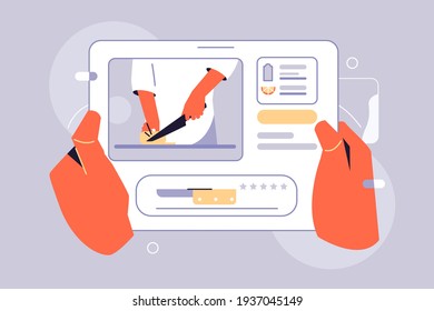 Online cooking tutorial on internet vector illustration. Man watching online course of cooking on tablet device flat style. Education, technology, self development concept. Isolated on grey background