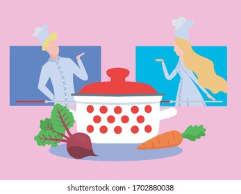 Online Cooking Tutorials. The people on the screens are the cooks. They will share recipes and help you cook delicious food.