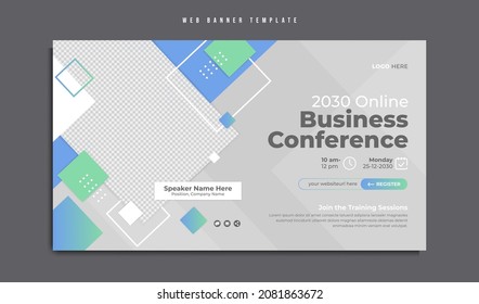 Online Corporate Business Webinar Or Digital Marketing Conference Web Banner Template Design With Abstract Background, Logo And Icon. Annual Meeting, Seminar And Training Social Media Post Or Flyer.