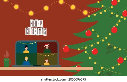 Online corporate during a pandemic. Celebrating Christmas online. Christmas meeting online. Christmas meeting of colleagues.