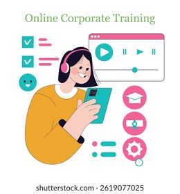 Concepto de formación corporativa en línea con un participante alegre que se compromete con un dispositivo móvil. Los Elementos visuales incluyen indicadores de progreso, íconos de certificación y contenido multimedia, ilustrando