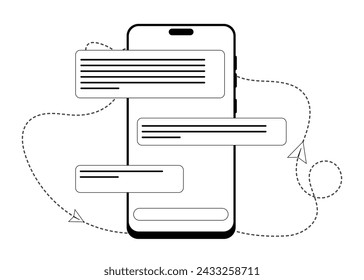 Online correspondence using a smartphone. Communication using devices. Outline illustration.