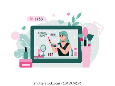 Online cosmetic and makeup video tutorial record. Woman fashion blogger filming video advices, cartoon vector illustration isolated on white background.