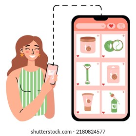 Online cosmetic order. Woman using app and shopping online with phone. Shopping at home. Flat vector illustration on a white background.
