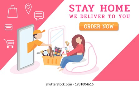 online cosmetic shop.Online marketplace.delivery service.Beauty store on Website or Mobile Application.flat Vector Concept Marketing and Digital marketing.New Normal lifestyle.Stay home, we deliver.