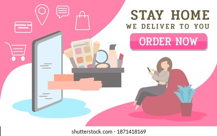 online cosmetic shop.Online store delivery.Shopping Online on Website or Mobile Application. Vector Concept Marketing and Digital marketing.New Normal lifestyle.Stay home, we deliver.