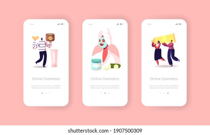 Online Cosmetics Mobile App Page Onboard Screen Template. Tiny Characters with Huge Jars and Tubes of Cosmetic Production. Beauty Industry, Face, Body Care Concept. Cartoon People Vector Illustration
