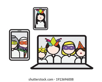 Online costumes party, Purim online party, Characters on laptop and mobile phones with costumes