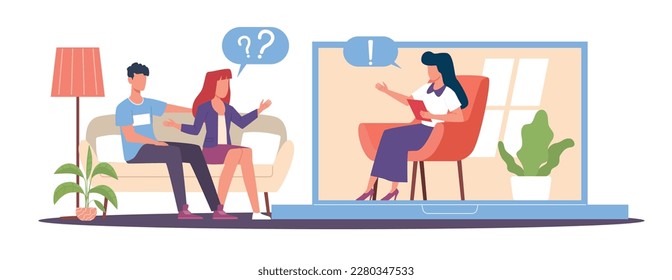 Online counseling concept, couple discussing mental problems with family psychologist. Couple misunderstanding. Cartoon characters flat style isolated illustration. Vector psychotherapy help