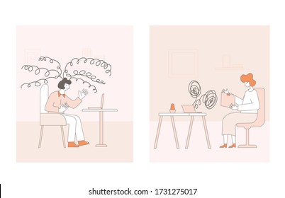 Online counseling. Psychologist having internet therapy session with stressed patient.  Couch listening sad man. Vecotor flat illustration.