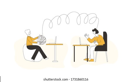 Online counseling. Psychologist having internet therapy session with stressed patient.  Couch listening sad man. Vecotor flat illustration.