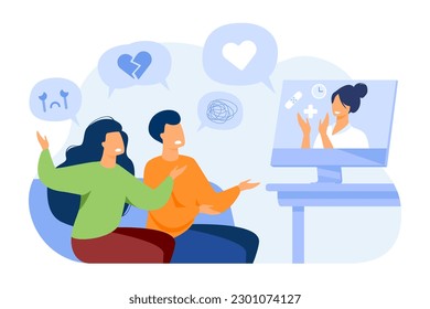 Online couple therapy vector illustration. Frustrated man and woman telling doctor or therapist on computer screen about their relationship. Marriage crisis, mobile consultation concept