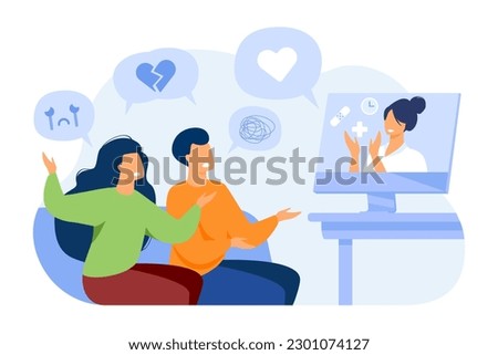Online couple therapy vector illustration. Frustrated man and woman telling doctor or therapist on computer screen about their relationship. Marriage crisis, mobile consultation concept