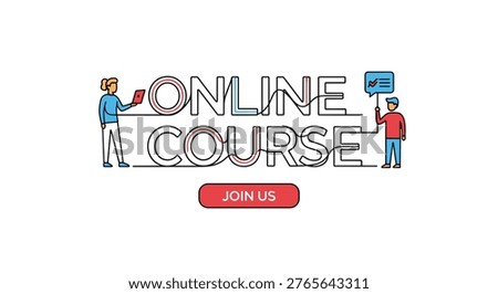 Online course banner featuring a man and woman connected by a continuous line to educational text for e-learning platforms.