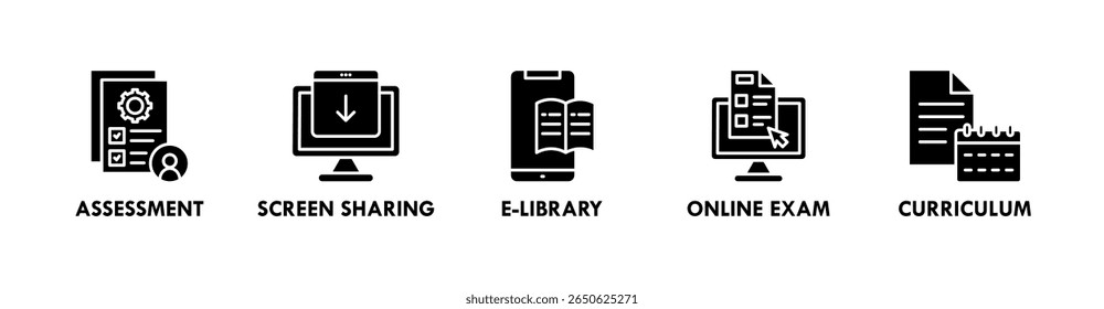 Ilustração de ícone da web com ícone de avaliação, compartilhamento de tela, biblioteca eletrônica, exame online e currículo