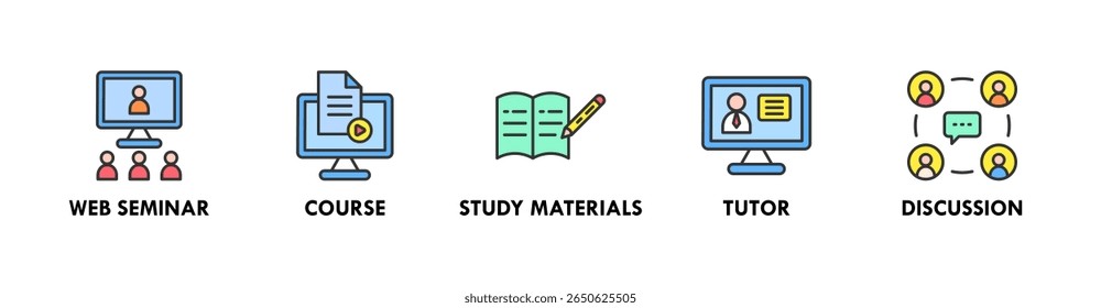 Ilustração do ícone da web do banner do curso online com o ícone do seminário, curso, materiais de estudo, tutor, e discussão da web