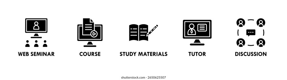 Ilustração do ícone da web do banner do curso online com o ícone do seminário, curso, materiais de estudo, tutor, e discussão da web