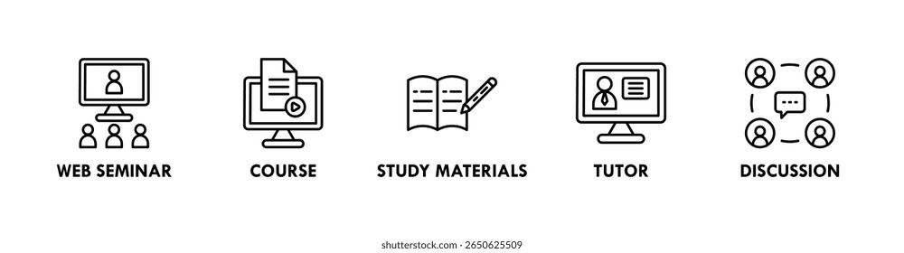 Ilustração do ícone da web do banner do curso online com o ícone do seminário, curso, materiais de estudo, tutor, e discussão da web