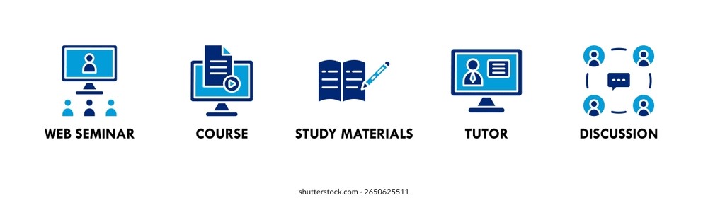 Ilustração do ícone da web do banner do curso online com o ícone do seminário, curso, materiais de estudo, tutor, e discussão da web