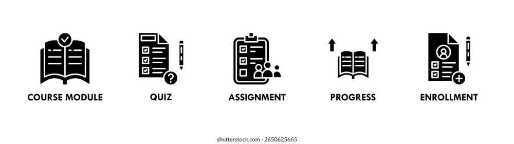 Ilustração do ícone da web com o ícone do módulo do curso, atribuição, progresso e inscrição