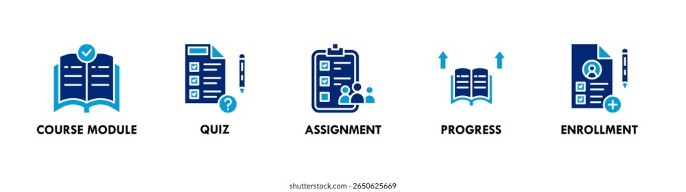 Ilustração do ícone da web com o ícone do módulo do curso, atribuição, progresso e inscrição