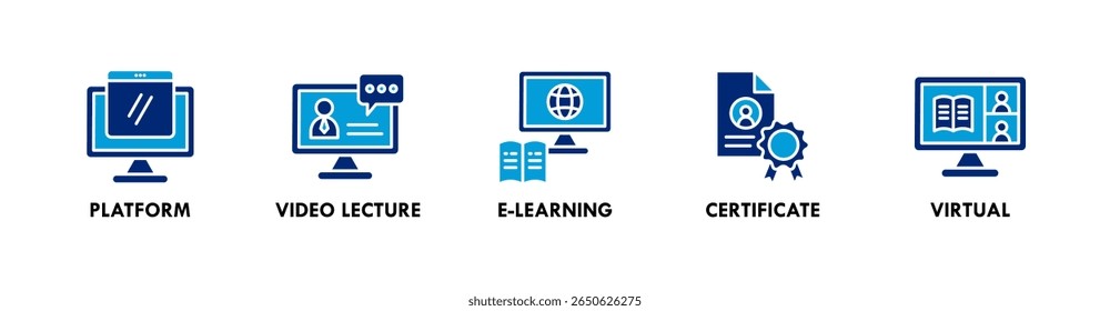 Online Course banner web icon illation concept with icon of platform, vídeo lecture, e learning, certificate, and virtual Curso online banner ilustração de ícone da web com ícone de plataforma, palestra em vídeo, e aprendizagem