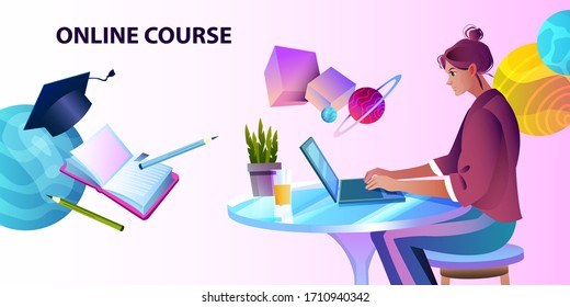 Online course banner with young female character working remotely with her laptop. E-learning concept with table, chair, successful freelancer, notebook, academic cap, book, abstract shapes.