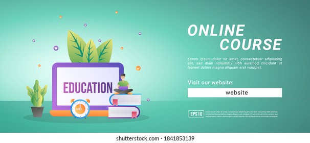 Online course banners, study from home using the internet. Banners for promotional media
