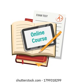 Online Course With Book Tab And Exam Paper Symbol Concept In Cartoon Illustration Vector Isolated In White Background