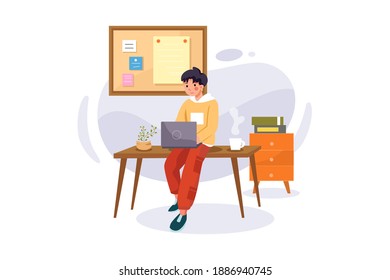 Online course with a boy sitting on desk Vector Illustration concept. Flat illustration isolated on white background.