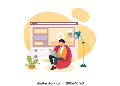 Online course with a boy sitting on chair Vector Illustration concept. Flat illustration isolated on white background.