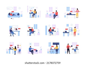 Online Course. Cartoon Scenes Of Persons Learning At Home With Laptop And Computer, Teachers And Students Studying. Vector Remote Lessons Concept Set. Illustration Of Online Student Learning