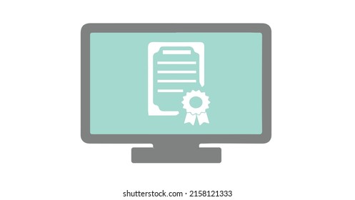 Online course certificate vector icon isolated on white background. Certificate icon on computer screen modern vector illustration. Digital certificate icon.