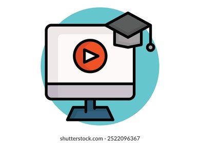 Online course colored outline icon. monitor with graduation cap and play sign. icon related to online course. education elements vector illustration