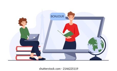 Online course concept. Woman at laptop communicates with character with book. Teaching new language, modern technology and digital world. Distance education. Cartoon flat vector illustration