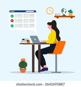 Online course concept. A young woman using laptop on living to answering questions on bubble of screen.