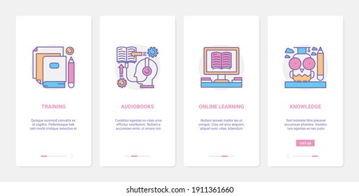 Online course, distant education technology vector illustration. UX, UI onboarding mobile app page screen set with line learning and training with webinar audiobooks or internet knowledge symbols