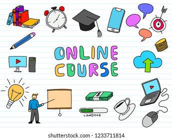 online course doodle illustration art with paper background color vector illustration