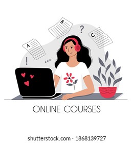 Online course e learning concept illustration for ui ux design. Young freelancer woman in headphones with a laptop listening lecture learning language at home. Stock vector illustration isolated.