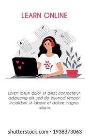 Online course e learning vertical poster brochure flyer concept. Young freelancer woman with laptop listening lecture learning language at home. Webinar digital class. Stock vector flat illustration..