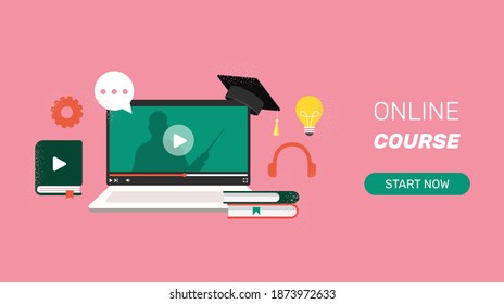 Online course. Online education from home. E learning banner. Vector