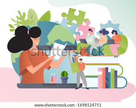 Online course, education in internet concept vector illustration. People cartoon characters do coursework. Courseware on computer. Woman teacher training student distantly. Digital video tutorial.