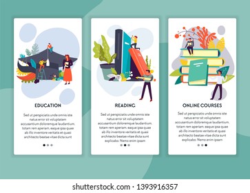 Plantilla de la página web de educación y lectura de cursos en línea libros vectoriales y libros de texto aprendizaje distante y estudio de los conocimientos en la Internet de la burla del certificado académico de los estudiantes y las asignaturas