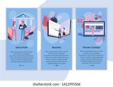 Online course education and reading web pages templates vector books or textbooks and laptop distant learning and studying knowledge male and female students Internet site mockup girl and guy