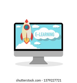 online course e-learning on computer with rocket launching