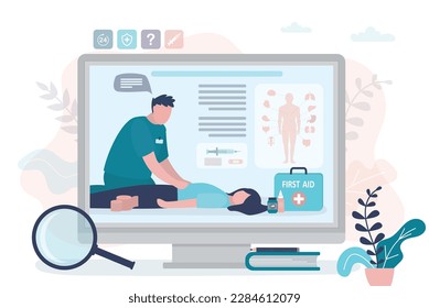 Curso en línea de formación en primeros auxilios. Salvar la vida y la salud, concepto. Seminario web de educación para personas. Aprender información médica y practicar desde video en computadora. Emergencia, masaje cardíaco.