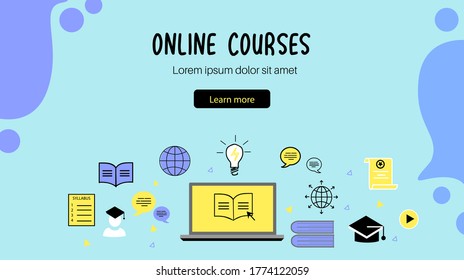 Online Course flat doodle banner in blue background. E-learning concept background for website and mobile app. Banner template with space for text