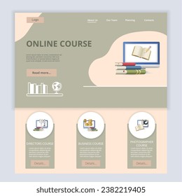 Online course flat landing page website template. Directors course, business course, photographer course. Web banner with header, content and footer. Vector illustration.