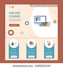 Online course flat landing page website template. Reviewer, rent property, donates. Web banner with header, content and footer. Vector illustration.